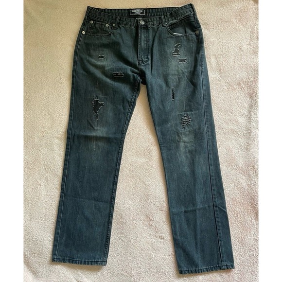 Brooklyn Xpress Men’s Blue Distressed Straight Jeans Size 36x32 - Picture 6 of 7